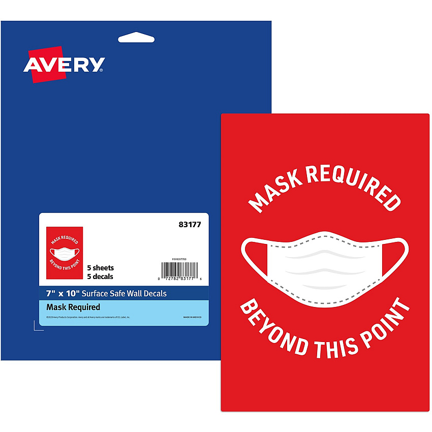 Avery&reg; Surface Safe MASK REQUIRED Wall Decals Print/Message "Mask Required Beyond This Point" - 7" Width x 10" Height - Rectangular Shape - Water Resistant, Pre-printed, Chemical Resistant, Abrasion Resistant, Tear Resistant, Durable, UV Resis (83177)