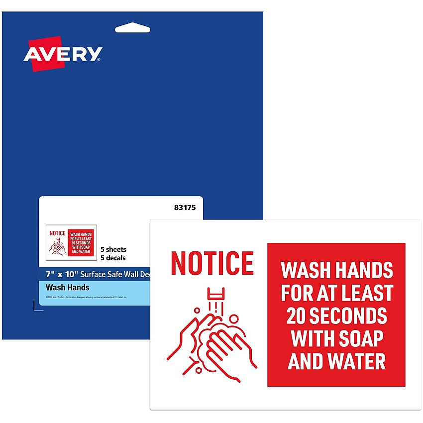 Avery&reg; Surface Safe NOTICE WASH HANDS Wall Decals Print/Message "Wash Hands for at Least 20 Seconds" - 7" Width x 10" Height - Rectangular Shape - Water Resistant, Pre-printed, Chemical Resistant, Abrasion Resistant, Tear Resistant, Durable, U (83175)