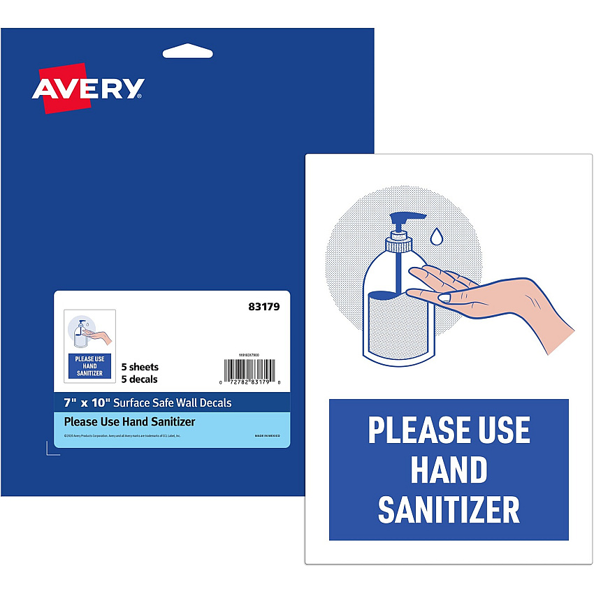 Avery&reg; Surface Safe USE HAND SANITIZER Wall Decals Print/Message "Please Use Hand Sanitizer" - 7" Width x 10" Height - Rectangular Shape - Water Resistant, Pre-printed, Chemical Resistant, Abrasion Resistant, Tear Resistant, Durable, UV Resist (83179)