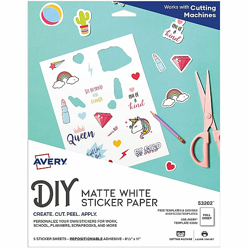 Avery&reg; Matte White Sticker Project Paper Letter - 8 1/2" x 11" - Matte - Printable, Removable Adhesive, Die-cut, Repositionable, Lignin-free, Easy to Cut, Acid-free, PVC-free - White - 30 Sheets - 5 Sheets/Pack - 6 / Carton (53202)
