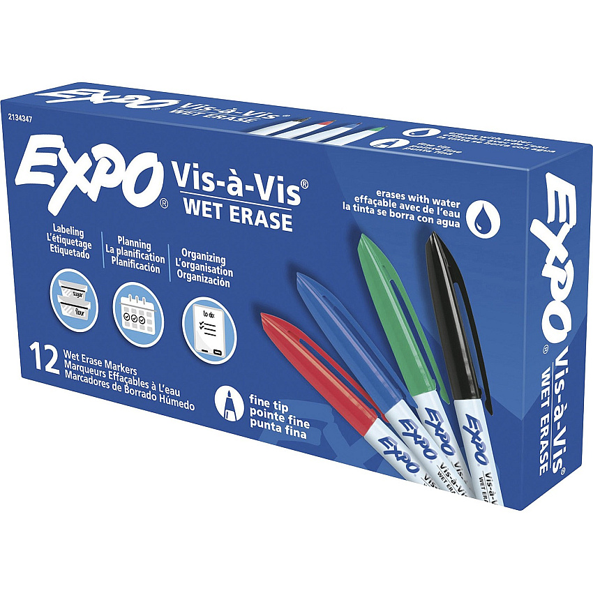 Expo Vis-A-Vis Wet-Erase Markers Fine Marker Point - Black, Red, Green, Blue Ink - 1 Dozen (2134347)