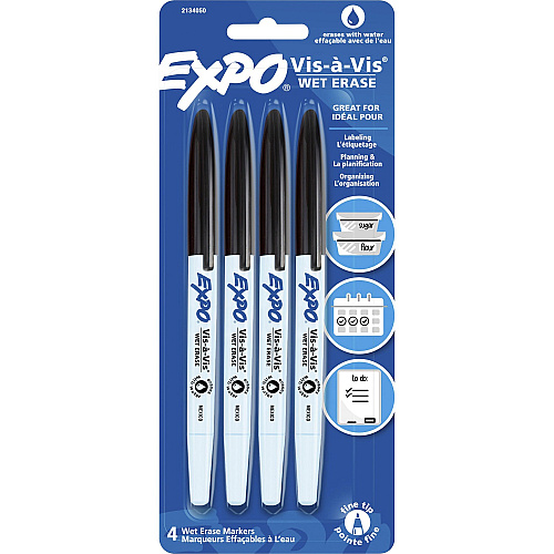 Expo Vis-A-Vis Wet-Erase Markers Fine Marker Point - Black Ink - Solvent Based - Gray Barrel - 4 / Pack (2134050)