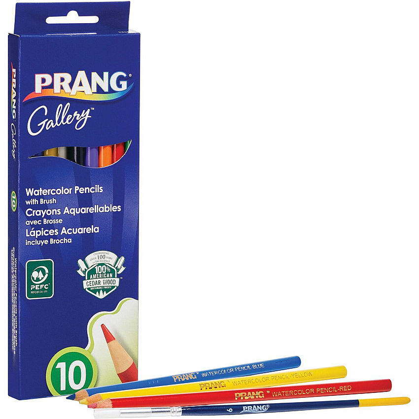 Prang Sharpened Watercolor Pencils Red, Orange, Yellow, Green, Blue, Violet, Light Blue, Black, Brown, White Lead - 10 / Pack (X23650)