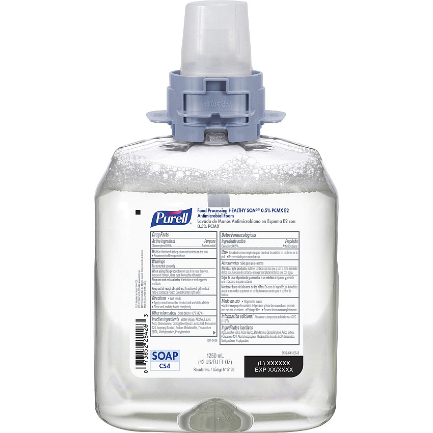 PURELL&reg; CS4 Food Processing HEALTHY SOAP&reg; 0.5% PCMX E2 Antimicrobial Foam Refill Light Floral Scent - 1.32 quart - Oil Remover, Soil Remover, Kill Germs - Hand, Food Processing Industry - Antibacterial - Dye-free, Fragrance-free - 4 / Car (513204)