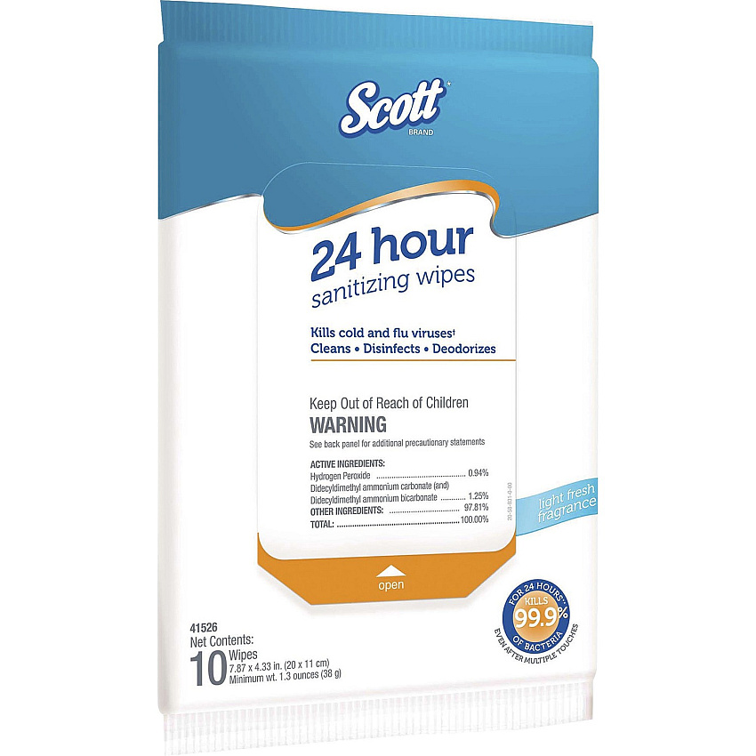 Scott 24 Hour Sanitizing Wipes Fresh Scent - 7.87" Length x 4.33" Width - Bleach-free, Antibacterial, Rinse-free - White - 10/Pack - 50 / Carton (41526)