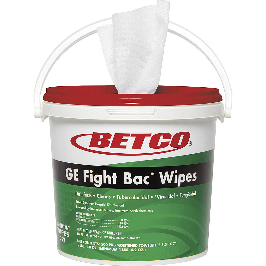 Betco GE Fight Bac Disinfectant Wipes 7" Length x 5.50" Width - 500 / Tub - 1 Each - Non-irritating, Washable - White (3920100)