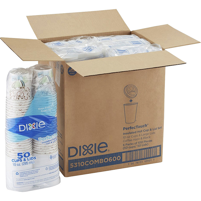 Dixie PerfecTouch 10 oz Hot Coffee Cup and Lid Sets by GP Pro 50 / Pack - White - Coffee, Hot Drink, Beverage (5310COMBO6)