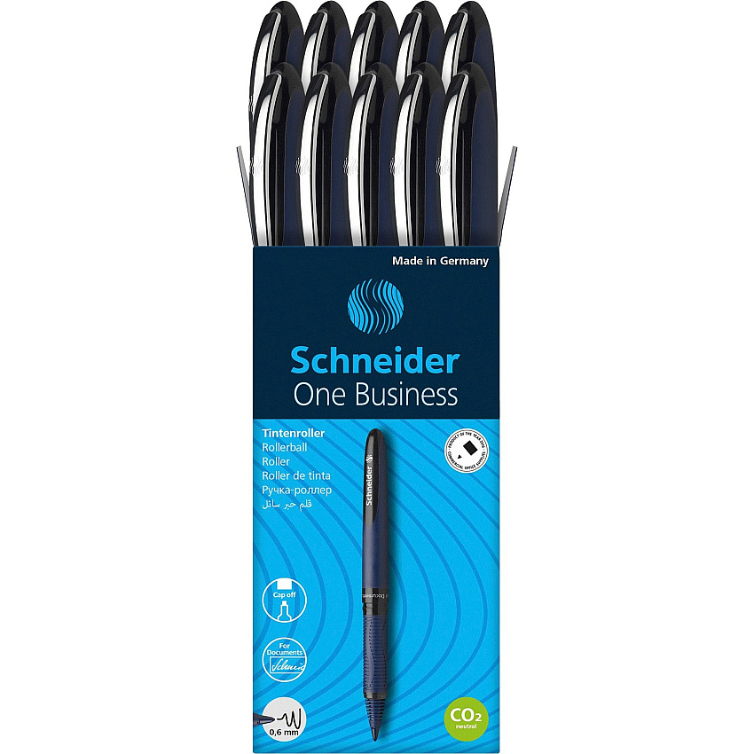 Schneider One Business Rollerball 0.6 mm Medium Pen Point - Black Ink - Black, Dark Blue Barrel - 10 / Pack (183001)
