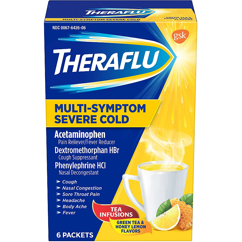 Theraflu Multi-Symptom Severe Cold & Cough Medicine For Cold, Flu, Nasal Congestion, Cough, Body Ache, Sore Throat, Sinus Pain, Headache, Fever - Honey Lemon - 6/Box - 1 Each (91706)