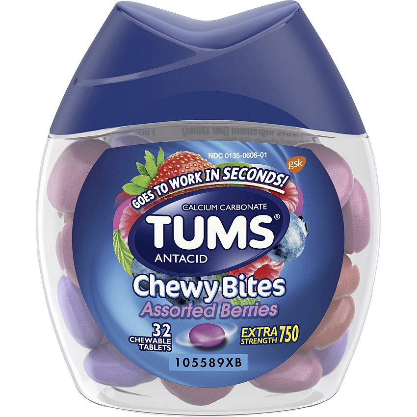 TUMS Chewy Bites Chewable Antacid Tablets For Acid Indigestion, Heartburn, Sour Stomach, Upset Stomach - Assorted Berries - 32/Bottle - 1 Each (49180)