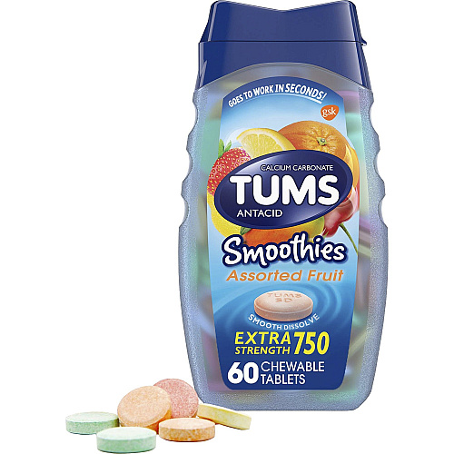 TUMS Smoothies Extra Strength Antacid Chewable Tablet For Acid Indigestion, Heartburn, Sour Stomach, Upset Stomach - Assorted Fruit - 60/Bottle - 1 Each (39287)