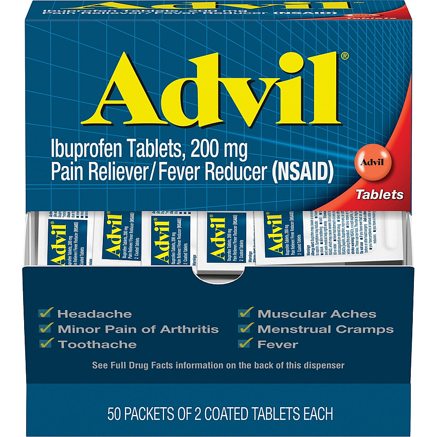 Advil Ibuprofen Tablets For Pain, Headache, Backache, Menstrual Cramp, Joint Pain, Fever - 50/Box - 1 Each (15489)