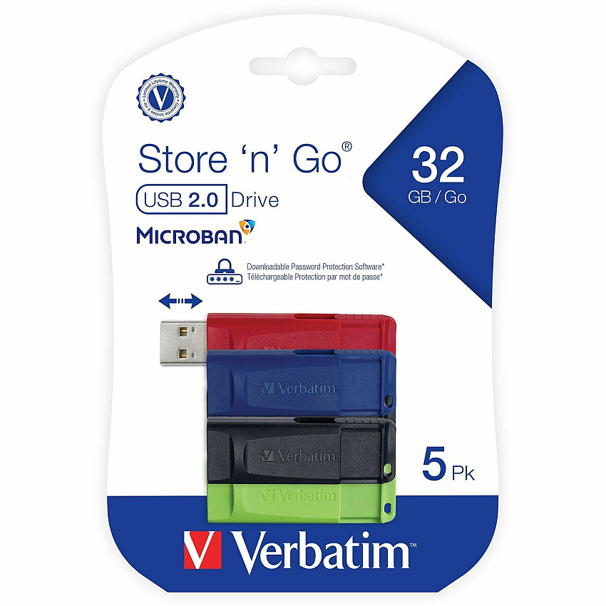 Verbatim 32GB Store 'n' Go&reg; USB Flash Drive - 5pk - Assorted 32 GB - USB 2.0 Type A - Assorted - Lifetime Warranty - 5 / Pack (70897)