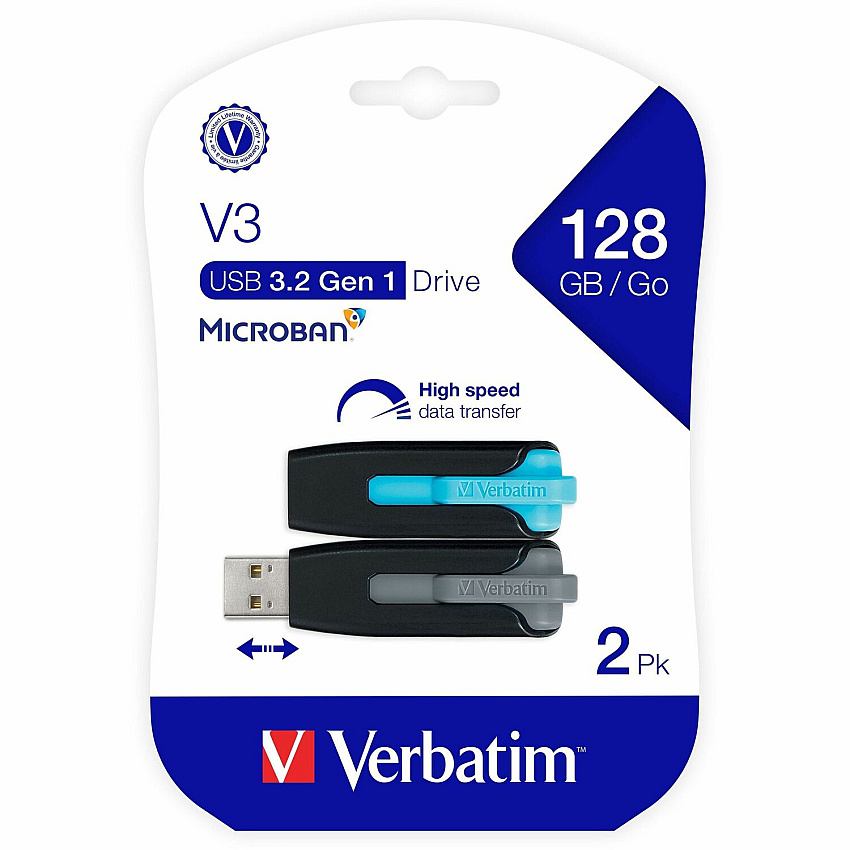 Verbatim 128GB Store 'n' Go&reg; V3 USB 3.2 Gen 1 Flash Drive - 2pk - Blue, Gray 128 GB - USB 3.2 (Gen 1) Type A - Blue, Gray - Lifetime Warranty - 2 / Pack (70898)