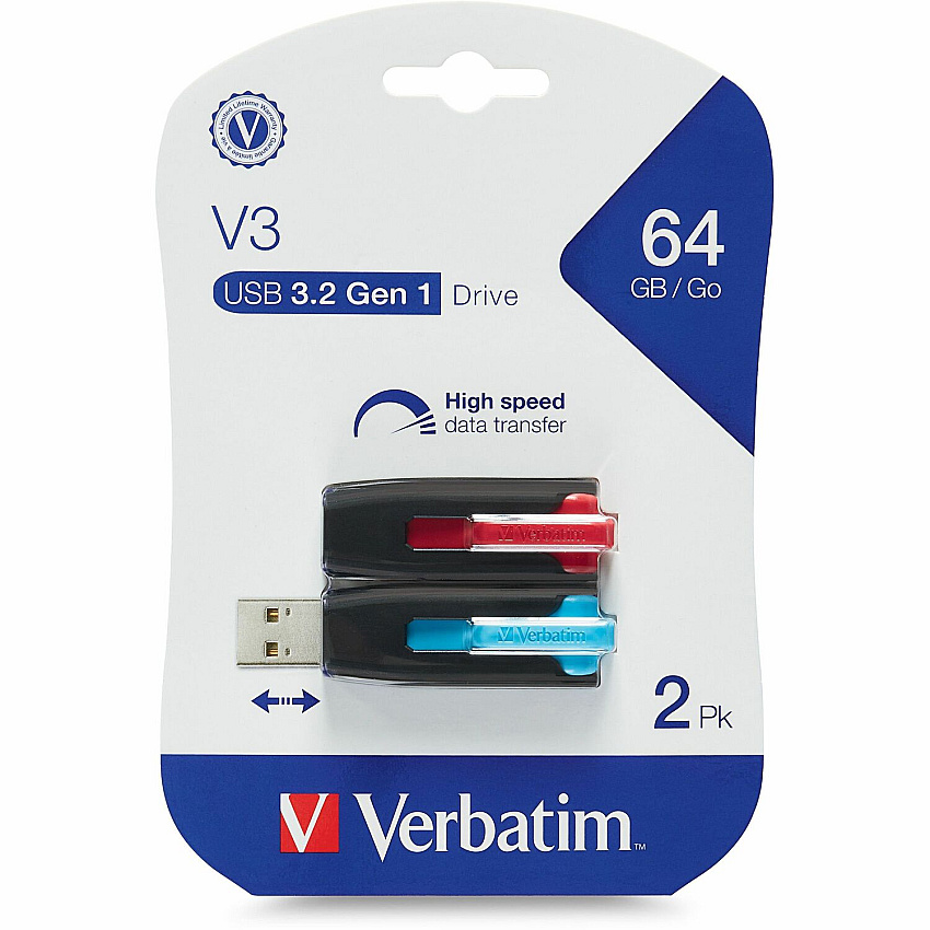 Verbatim 64GB Store 'n' Go&reg; V3 USB 3.2 Gen 1 Flash Drive - 2pk - Red, Blue 64 GB - USB 3.2 (Gen 1) Type A - Blue, Red - Lifetime Warranty - 2 / Pack (70899)