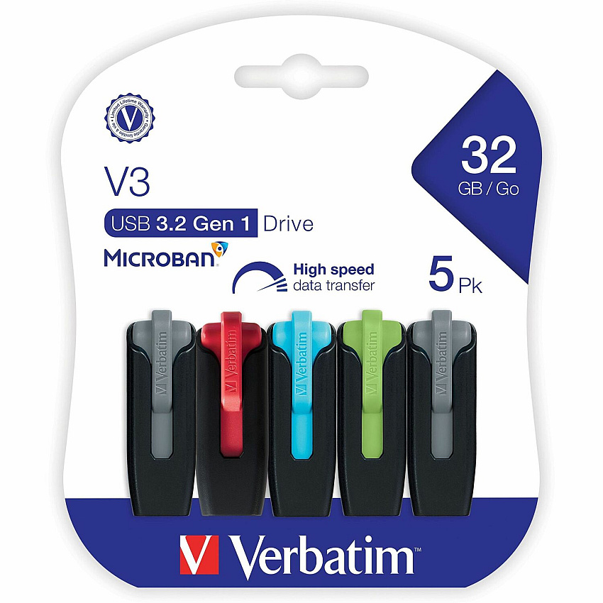 Verbatim 32GB Store 'n' Go&reg; V3 USB 3.2 Gen 1 Flash Drive - 5pk - Assorted 32 GB - USB 3.2 (Gen 1) Type A - Assorted - Lifetime Warranty - 5 / Pack (70900)