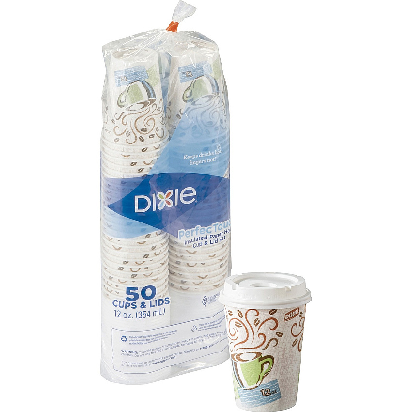 Dixie PerfecTouch 12 oz Hot Coffee Cup and Lid Sets by GP Pro 12 fl oz - White - Paper - Hot Drink, Coffee, Beverage - 50 / Pack (5342COMBO6)