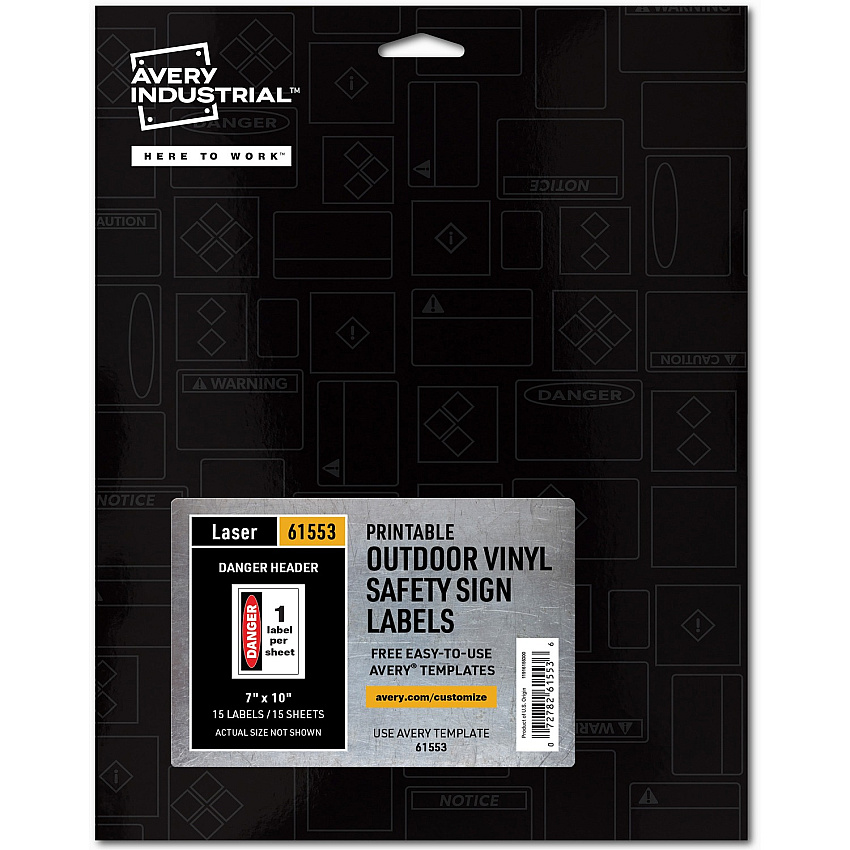 Avery&reg; Danger Header Printable Outdoor Vinyl Signs Waterproof - DANGER - 7" Width x 10" Length - Permanent Adhesive - Rectangle - Laser - White - Vinyl - Print-to-the Edge, Permanent Adhesive, Customizable, Pre-printed, Self-adhesive, Chemical (61553)