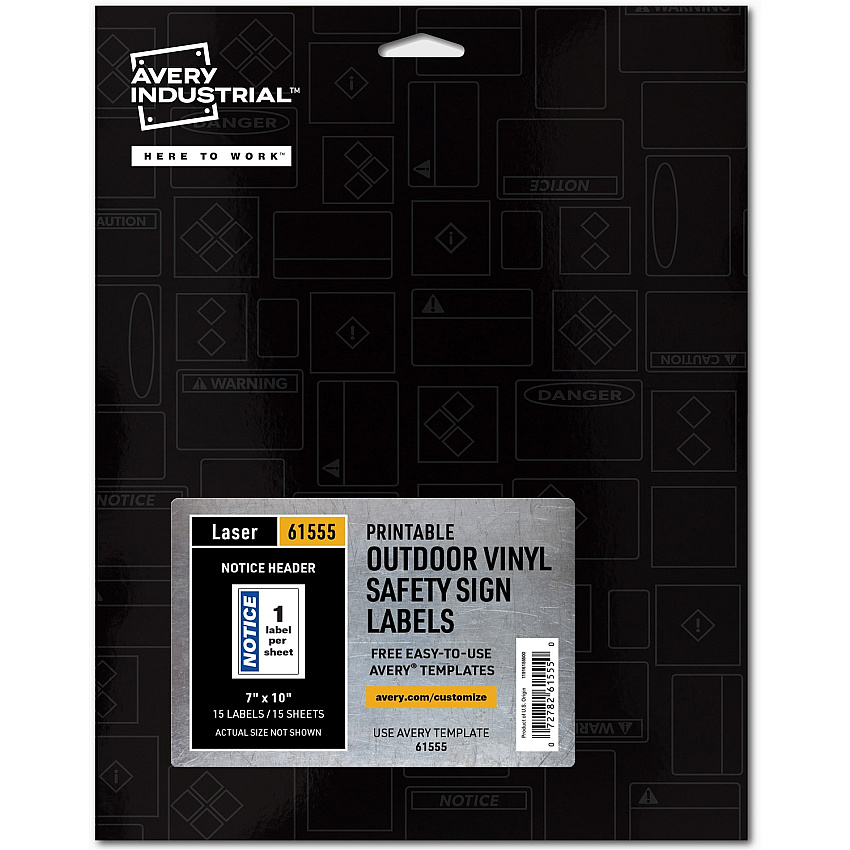 Avery&reg; NOTICE Header Self-Adhesive Outdoor Sign Waterproof - NOTICE - 7" Width x 10" Length - Permanent Adhesive - Rectangle - Laser - White - Vinyl - Print-to-the Edge, Permanent Adhesive, Customizable, Pre-printed, Self-adhesive, Chemical Re (61555)