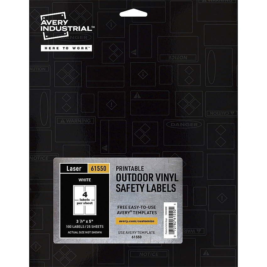 Avery&reg; Adhesive Printable Vinyl Signs Waterproof - 3 1/2" Width x 5" Length - Permanent Adhesive - Rectangle - Laser - White - Vinyl - Print-to-the Edge, Permanent Adhesive, Customizable, Chemical Resistant, Abrasion Resistant - 4 / Sheet - 25 (61550)