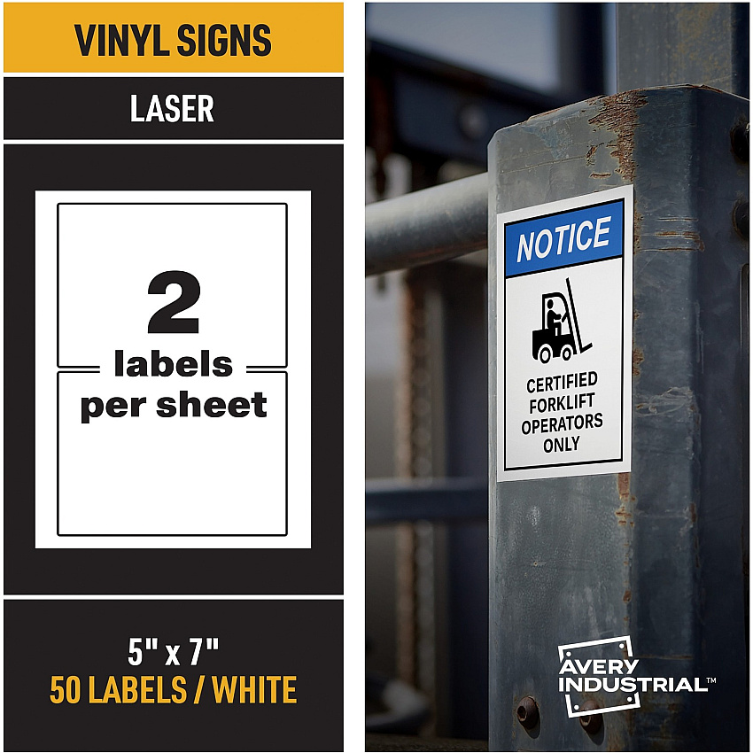 Avery&reg; Adhesive Printable Vinyl Signs Waterproof - 5" Width x 7" Length - Permanent Adhesive - Rectangle - Laser - White - Vinyl - Print-to-the Edge, Permanent Adhesive, Customizable, Chemical Resistant, Abrasion Resistant - 2 / Sheet - 25 Tot (61551)