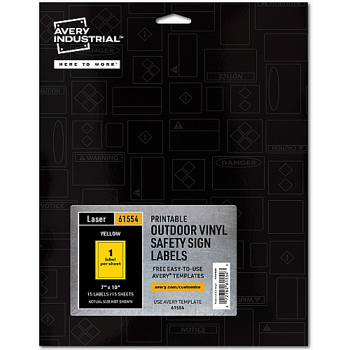 Avery&reg; Adhesive Printable Vinyl Signs Waterproof - 5" Width x 7" Length - Permanent Adhesive - Rectangle - Laser - Yellow - Vinyl - Print-to-the Edge, Permanent Adhesive, Customizable, Self-adhesive, Chemical Resistant, Abrasion Resistant - 1  (61554)