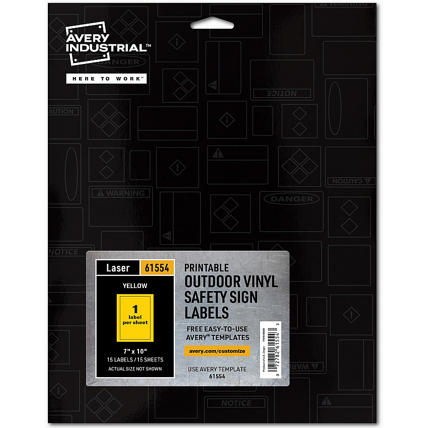 Avery&reg; Adhesive Printable Vinyl Signs Waterproof - 5" Width x 7" Length - Permanent Adhesive - Rectangle - Laser - Yellow - Vinyl - Print-to-the Edge, Permanent Adhesive, Customizable, Self-adhesive, Chemical Resistant, Abrasion Resistant - 1  (61554)