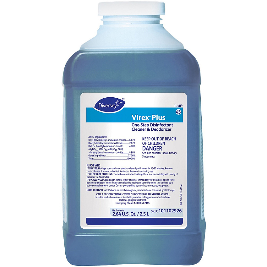 Diversey Virex Plus Disinfectant Cleaner Concentrate - 84.5 fl oz (2.6 quart) - Surfactant Scent - Bactericide, Virucidal, Fungicide, Deodorize - Blue - 2 / Carton (101102926)