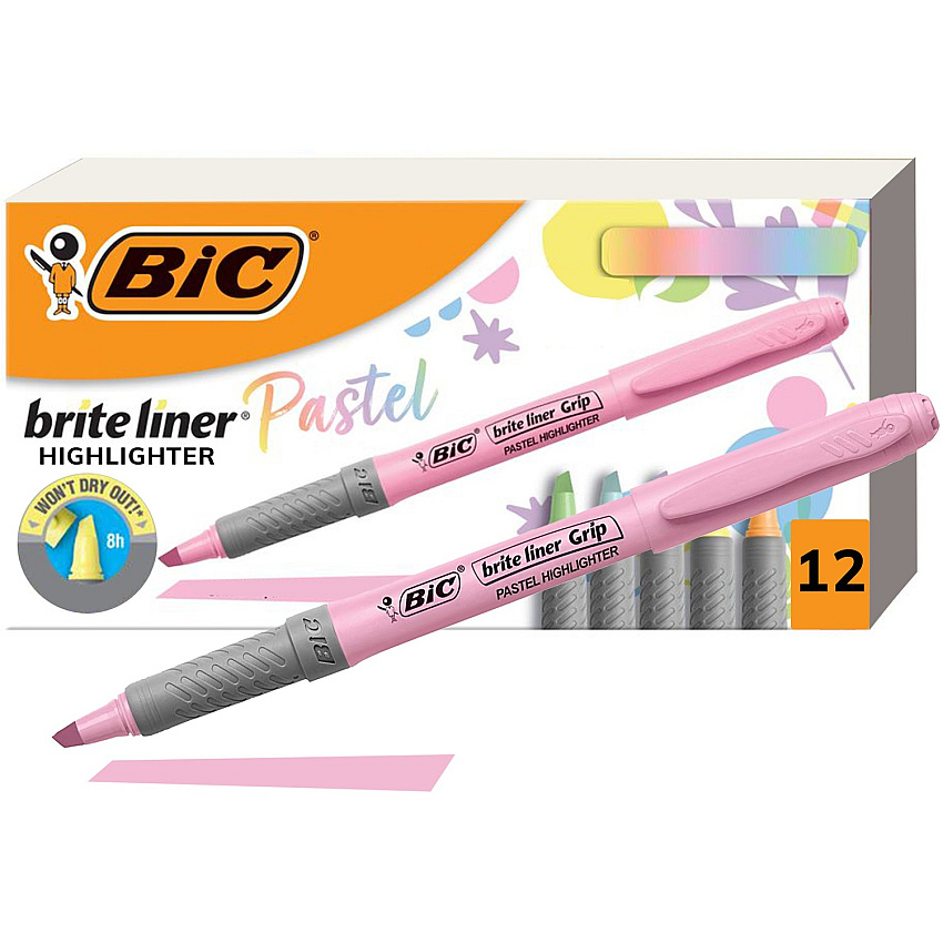 BIC Brite Liner Grip Highlighters, Assorted, 12 Pack 1.6 mm Chisel Marker Point - Assorted, Pastel Yellow, Pastel Pink, Pastel Blue, Pastel Green, Pastel Purple, Pastel Orange Ink - 12 / Box (GBLD11AST)