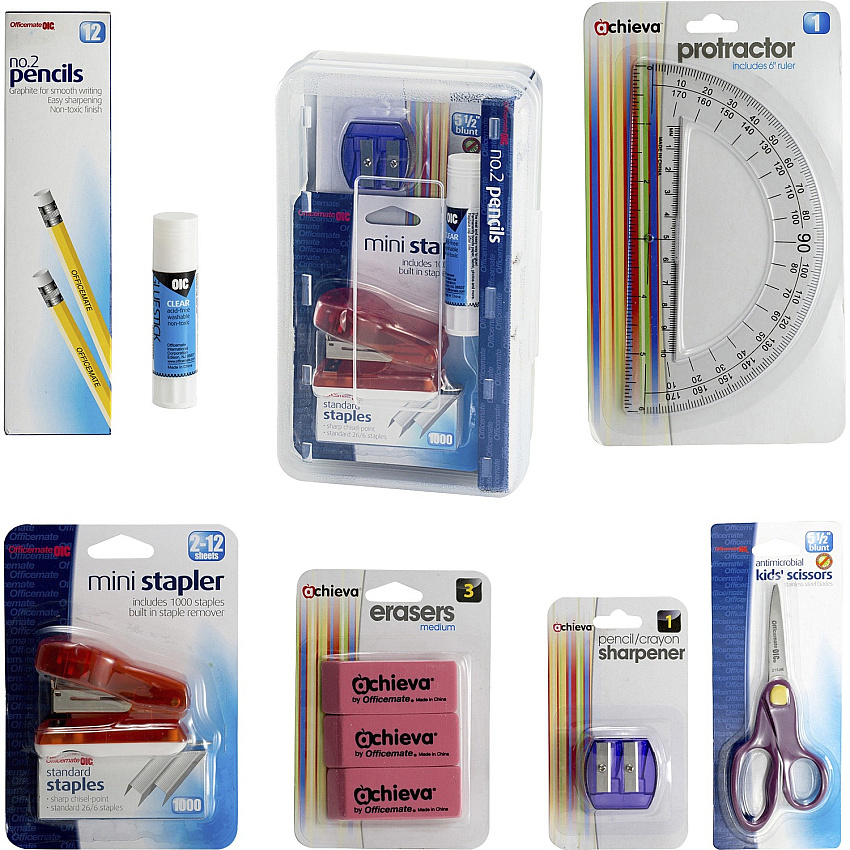 Officemate Back to School Pencil Box / Essential Supplies Organizer Kit, 8 Pieces Multi - 1 Each (97313)