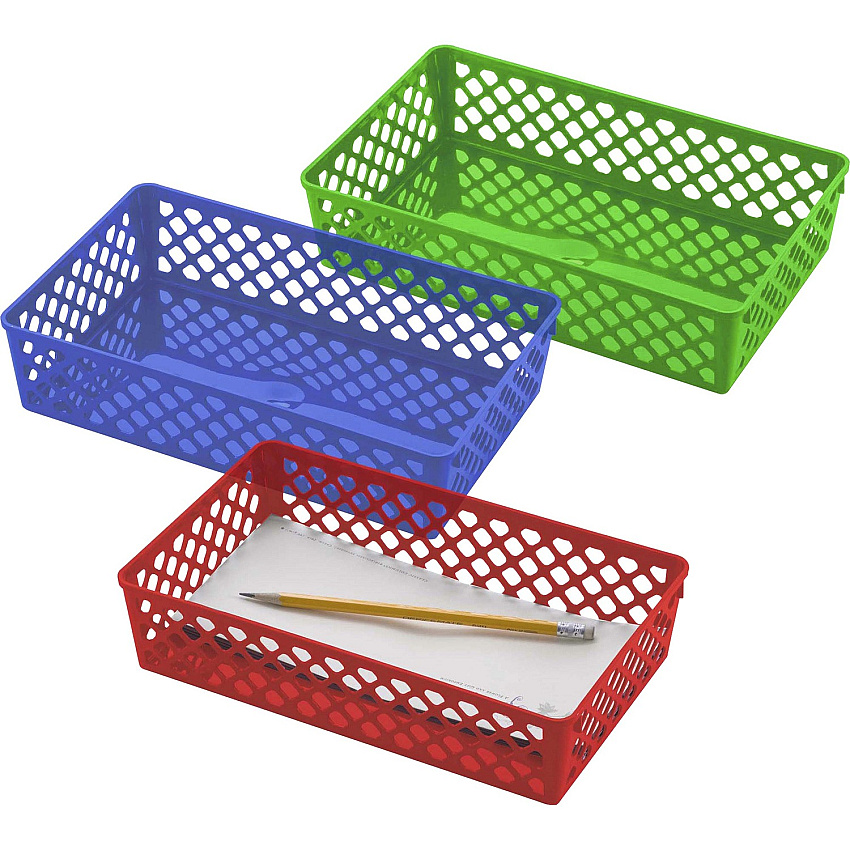 Officemate Achieva Large Supply Basket, Assorted Colors, 3/PK 2.38" Height x 10.63" Width x 6.13" Depth - Compact, Stackable, Storage Space, Sturdy, Heavy Duty - Blue, Green, Red - Plastic - 3 / Set (26208)