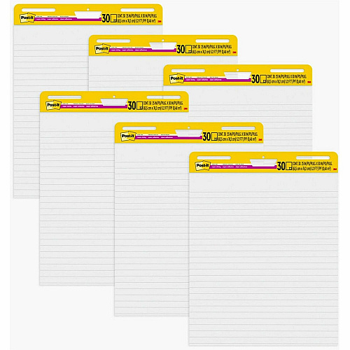 Post-it&reg; Easel Pad 30 Sheets - Ruled Front Ruling x 25" Width x 30" Length - Self-stick, Resist Bleed-through, Handle, Sturdy Backcard, Universal Slot, Repositionable, Adhesive Backing - 6 / Carton (561WLVAD6PK)