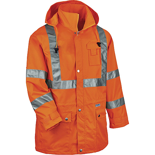 Ergodyne 8365 Type R Class 3 Rain Jacket Recommended for: Construction, Utility, Emergency, Airline Crew, Railway Worker, Survey Crew - Medium - Drawstring Closure Closure - Polyurethane, Polyurethane - Orange - Breathable, Mic Tab, Durable, Water (24313)