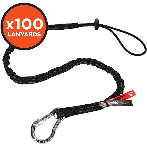 Ergodyne 3100-100pk Single Carabiner Tool Lanyard - 10lbs Adjustable - 10 lb Load Capacity - Standard - Carabiner Attachment - 23.6" Height x 7.9" Width x 19.7" Length - Black - Aluminum, Nylon Webbing - 100 / Carton (19204)