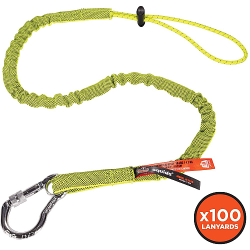 Ergodyne 3100-100pk Single Carabiner Tool Lanyard - 10lbs 10 lb Load Capacity - Standard - Carabiner Attachment - 23.6" Height x 7.9" Width x 45" Length - Lime - Aluminum, Nylon Webbing - 100 / Carton (19205)