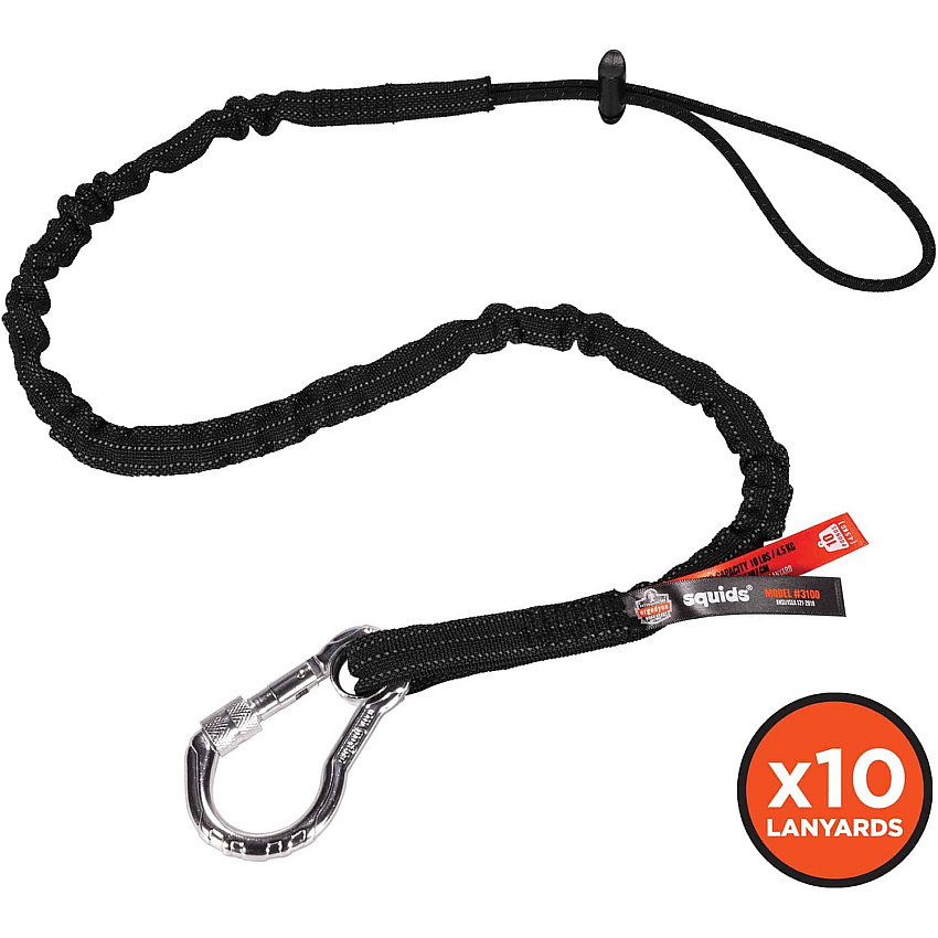 Ergodyne 3100-BULK Single Carabiner Tool Lanyard - 10lbs 10 lb Load Capacity - Standard - 4" Height x 1" Width x 2" Length - Black - Aluminum, Nylon Webbing - 10 / Carton (19202)
