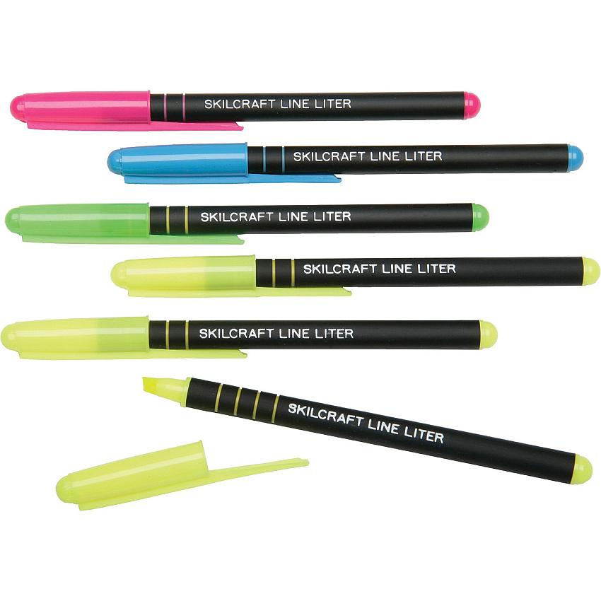 AbilityOne SKILCRAFT Line Liter Pocket Highlighters Chisel Marker Point Style - Fluorescent Yellow, Fluorescent Pink, Fluorescent Blue, Fluorescent Green - Rubberized Barrel - 6 / Pack (4840013)