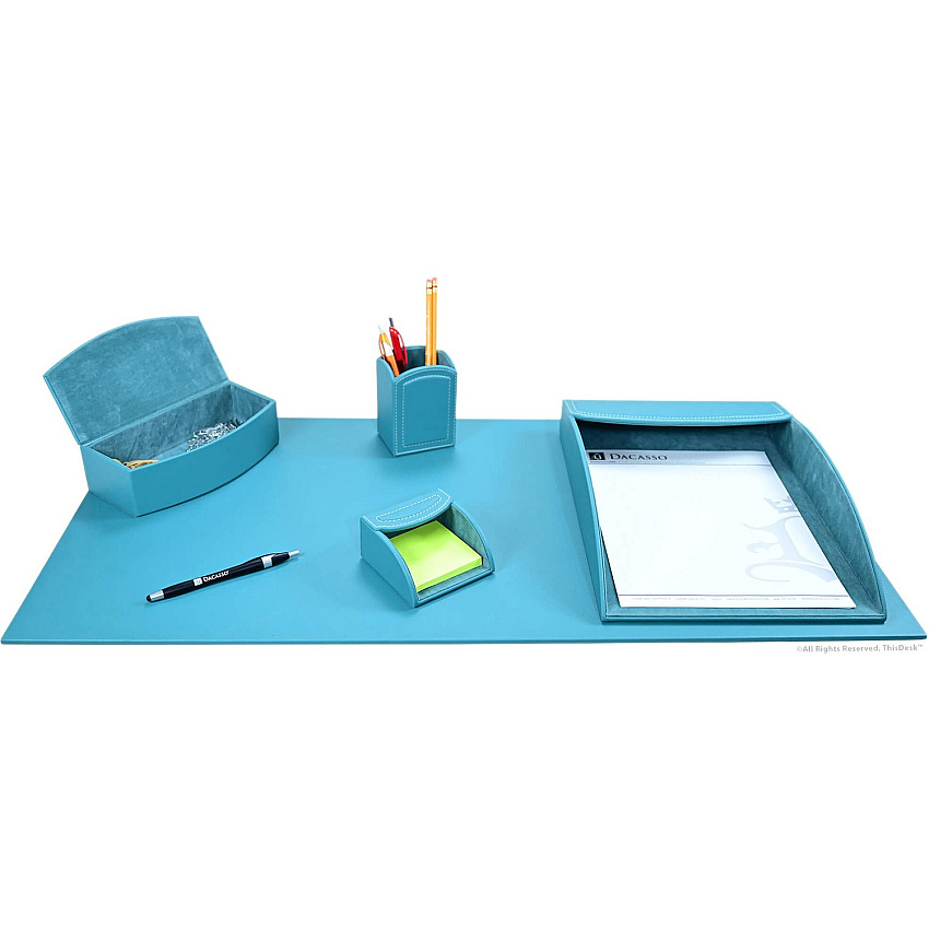 Dacasso 5-piece Home/Office Leather Desk Accessory Set Velveteen, PU Leather - Teal - 1 Each (K7202)