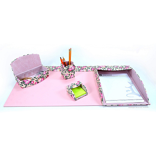 Dacasso 5-piece Home/Office Leather Desk Accessory Set Velveteen, PU Leather - Floral Cream - 1 Each (K8102)