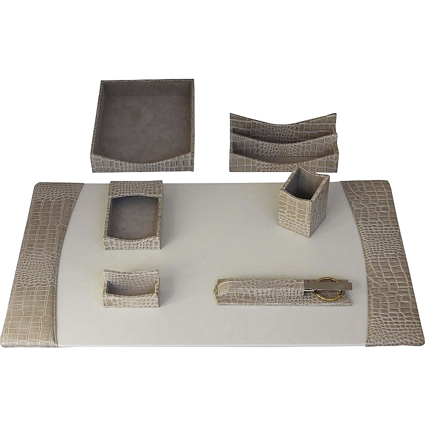 Protacini Breeze Beige Italian Patent Leather 7-Piece Desk Set Leather, Velveteen - Beige - 1 Each (D6304)