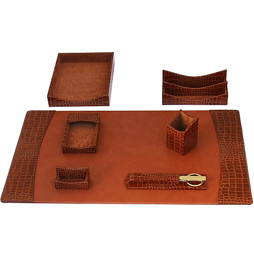 Protacini Cognac Brown Italian Patent Leather 7-Piece Desk Set Leather, Velveteen - Brown - 1 Each (D6104)