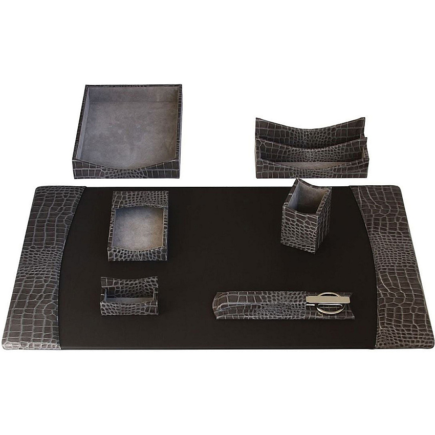 Protacini Castlerock Gray Italian Patent Leather 7-Piece Desk Set Leather, Velveteen - Gray - 1 Each (D6204)