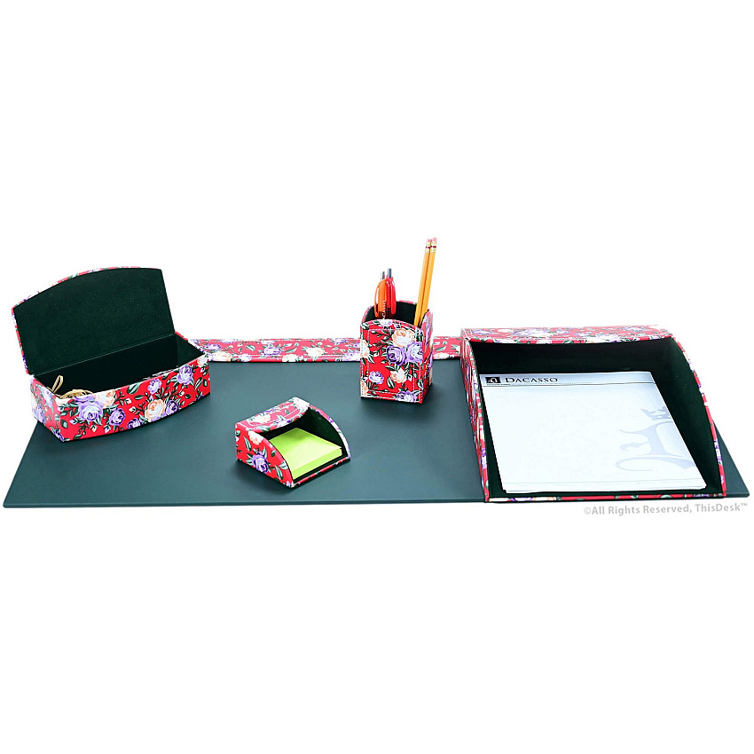 Dacasso 5-piece Home/Office Leather Desk Accessory Set Velveteen, PU Leather - Floral Red - 1 Each (K8202)