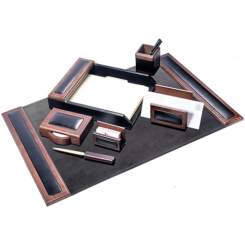 Dacasso Walnut & Leather Desk Set Velveteen, Leather, Walnut - Black - 1 Each (D8407)