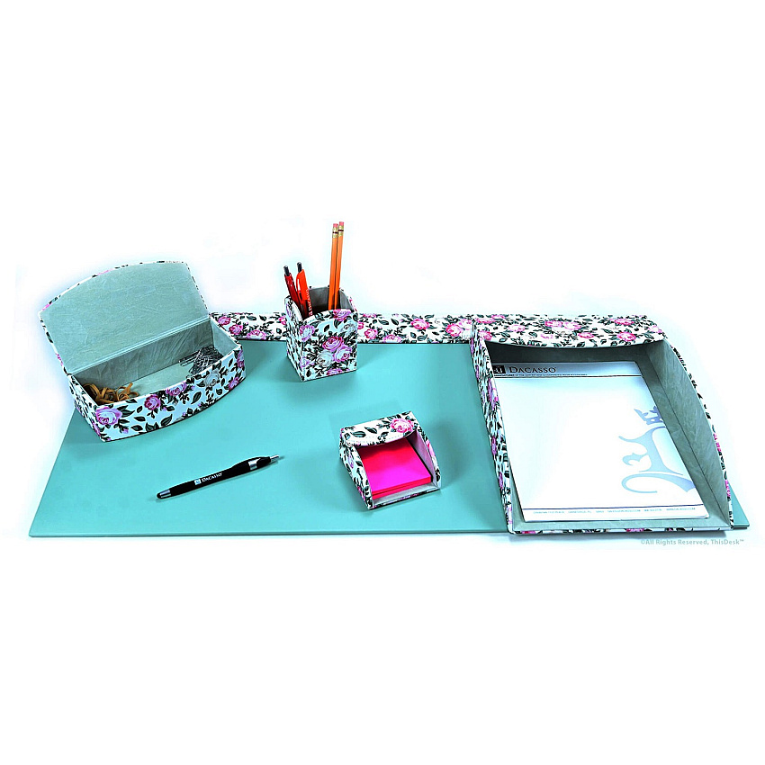 Dacasso 5-piece Home/Office Leather Desk Accessory Set Velveteen, PU Leather - Floral White - 1 Each (K8002)