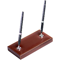 Dacasso Bonded Leather Double Pen Stand Bonded Leather - Dark Brown, Silver - 1 Each (A3612)