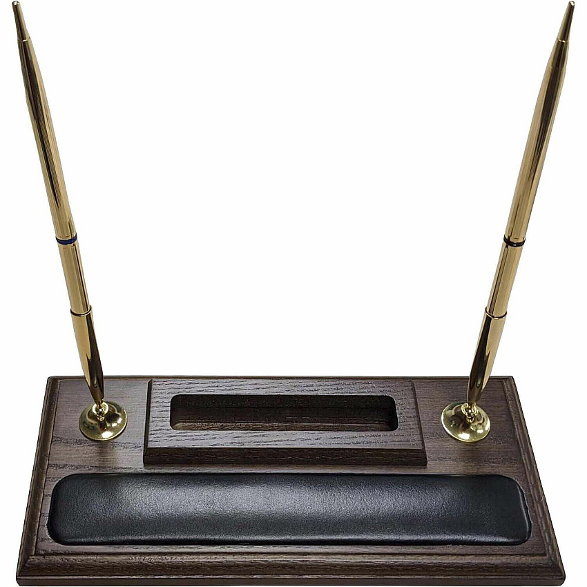 Dacasso Walnut & Leather Double Pen Stand/Cell Phone Holder Leather, Wood, Rubber - Black, Walnut - 1 Each (A8412)