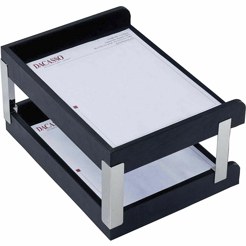 Dacasso Classic Leather Double Letter Trays Side-loading - Black - Leather, Velveteen - 1 Each (A1073)
