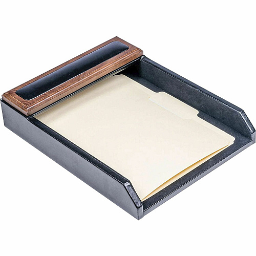 Dacasso Walnut & Leather Letter Tray Compartment Size : 9.25" x 12.25" - Desktop - Black - Top Grain Leather, Walnut, Wood, Velveteen - 1 Each (A8401)