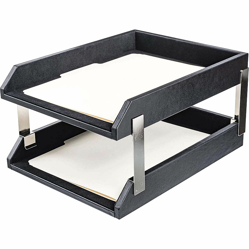 Dacasso Classic Leather Double Letter Trays Desktop - Black - Top Grain Leather, Velveteen - 1 Each (A1022)
